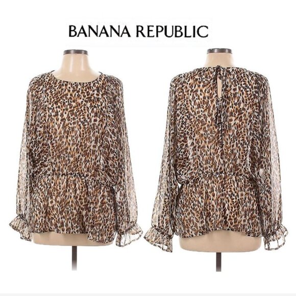 BANANA REPUBLIC long sleeve sheer leopard-like print blouse, Size: L - Picture 2 of 14